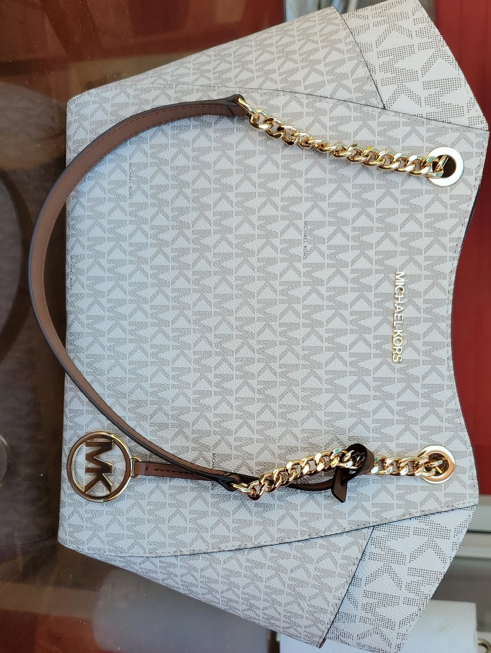 Michael Kors Beige Signature Chain-Accent Tote